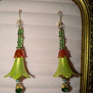 Elegant Floral Earrings with Green and Red Accents